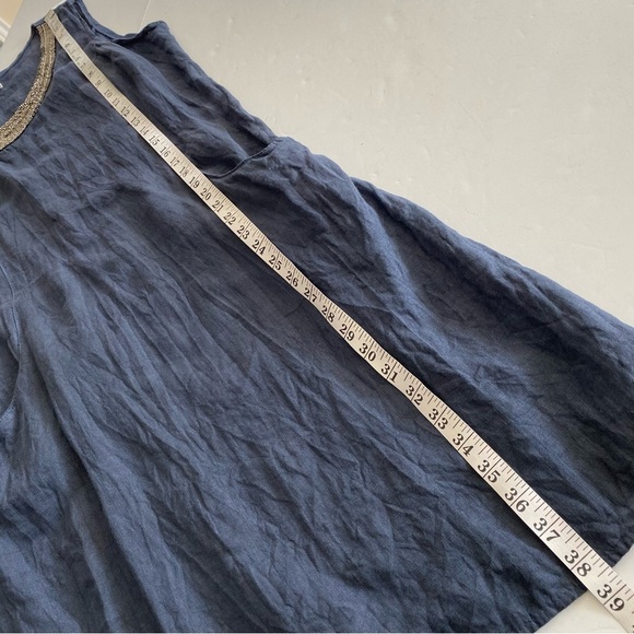 Lina Tomei Navy Blue Italy Linen Dress Large Beaded Neck Pocket Sleeveless - Picture 15 of 15